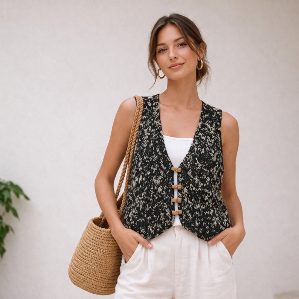 Savannah Woven Cotton Vest Boho Artisan Toggle Button Crochet Textured Medium